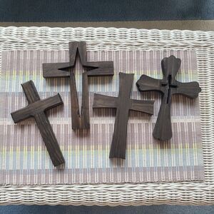 Vintage Rustic Dark Wood Wall Crosses – Set of 4 Handmade Decorative Crosses